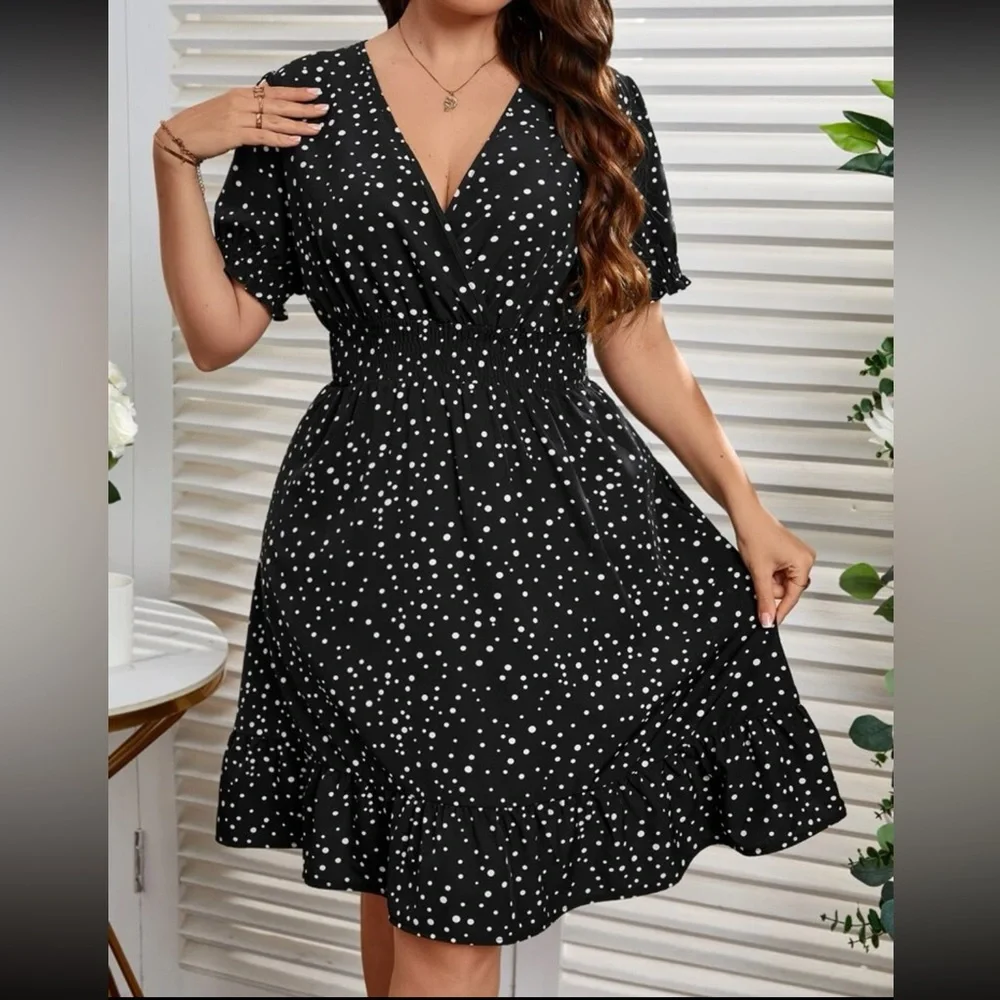 Boho polka dots puff sleeve A line dress - Picture 1 of 10